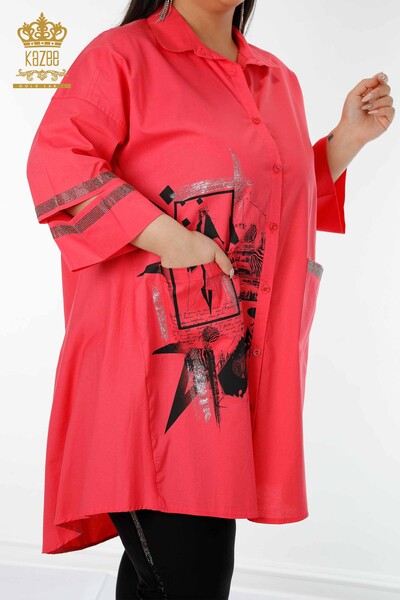 Женская рубашка оптом с карманом Детальный коралловый - 17199 | КАZEE - Thumbnail