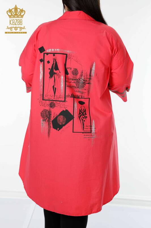 Женская рубашка оптом с карманом Детальный коралловый - 17199 | КАZEE