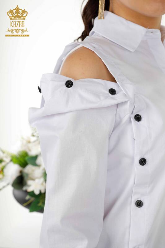 Женские рубашки оптом - с деталями на пуговицах - белые - 20328 | КАZEE