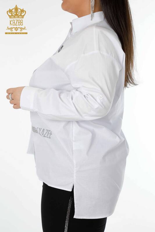 женская рубашка оптом с вышивкой хрустальным камнем белого цвета - 20136 | КАZEE