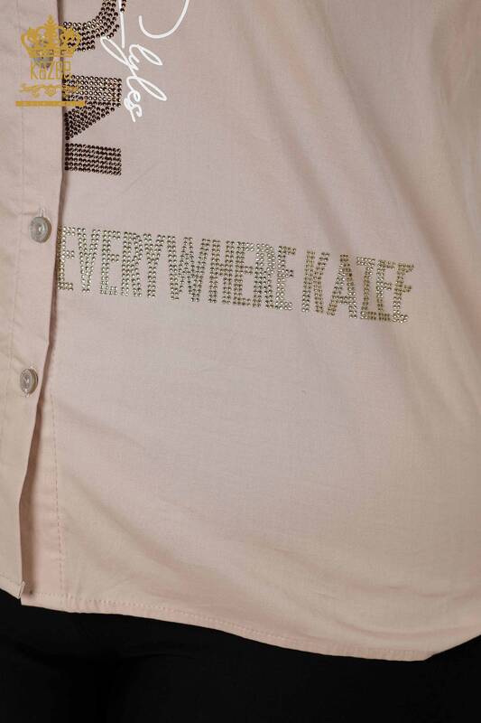 женская рубашка оптом с вышивкой хрустальным камнем бежевая - 20136 | КАZEE