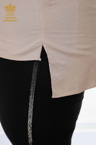женская рубашка оптом с вышивкой хрустальным камнем бежевая - 20136 | КАZEE - Thumbnail