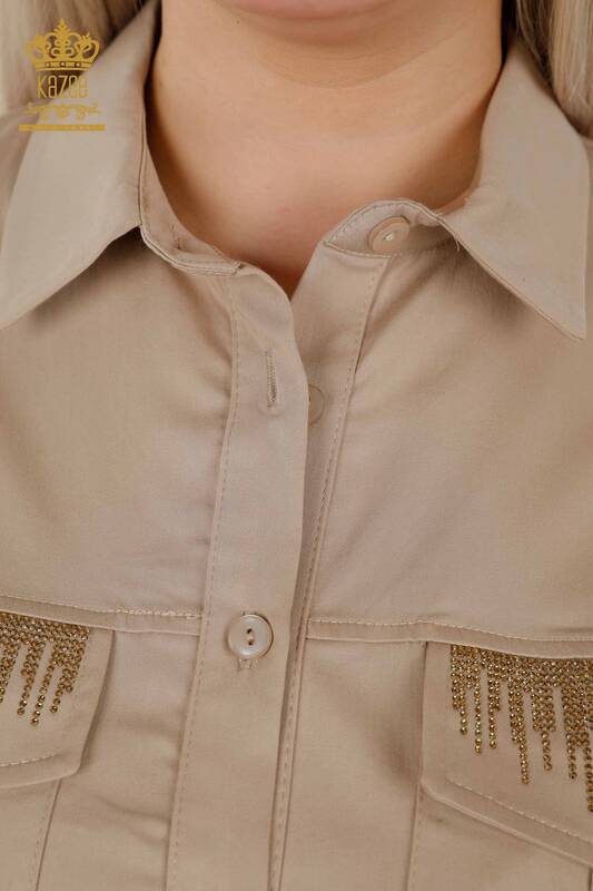 Женские рубашки оптом - Кристалл Вышитый камень - Бежевый - 20239 | КАZEE
