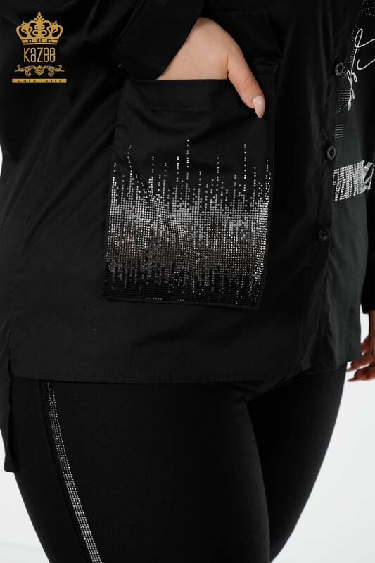 женская рубашка оптом с вышивкой хрустальным камнем черного цвета - 20136 | КАZEE