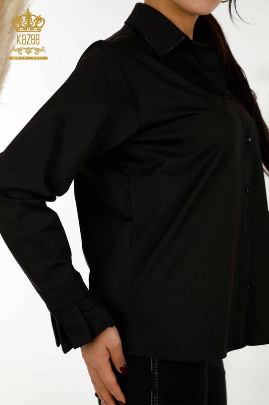 женская рубашка оптом вышитая хрустальным камнем черная - 20231 | КАЗЕЕ