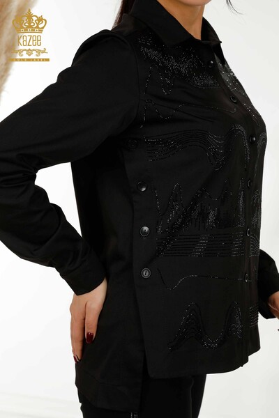 женская рубашка оптом вышитая хрустальным камнем черная - 20240 | КАZЕЕ - Thumbnail
