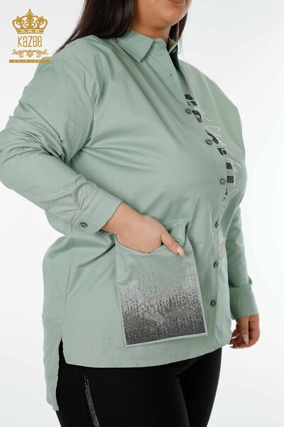 Женская рубашка оптом Кристалл Камень Вышитый Ментол - 20136 | КAZEE - Thumbnail