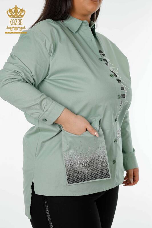 Женская рубашка оптом Кристалл Камень Вышитый Ментол - 20136 | КAZEE
