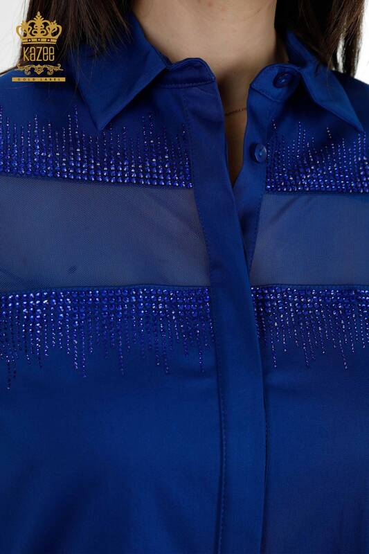 женская рубашка оптом с вышивкой хрустальным камнем темно-синяя - 20250 | КАZEE