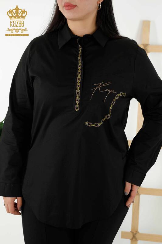Женская рубашка оптом - Назад Узор с розой - Черный - 20110 | КАZEE