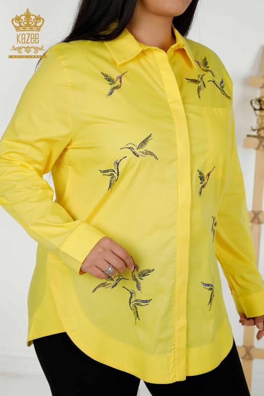 Женская рубашка оптом - Узор с птицей - Желтый - 20129 | КАZEE