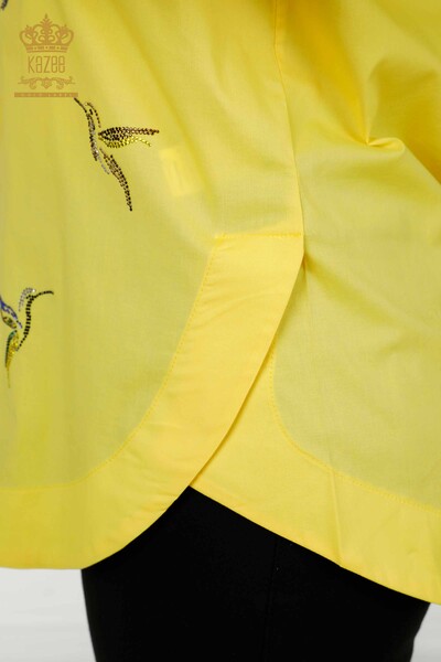 Женская рубашка оптом - Узор с птицей - Желтый - 20129 | КАZEE - Thumbnail