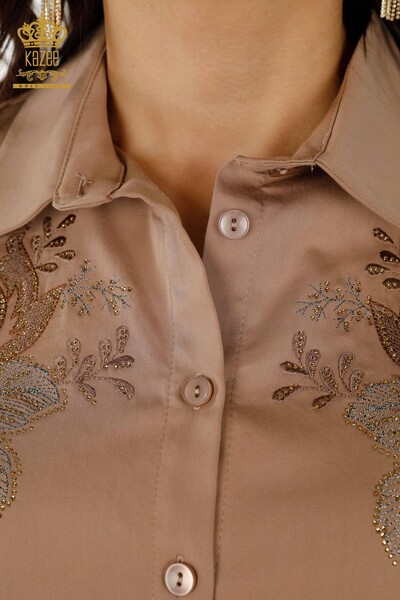 Женские рубашки оптом - Узор с розой - Бежевый - 20243 | КАZEE - Thumbnail