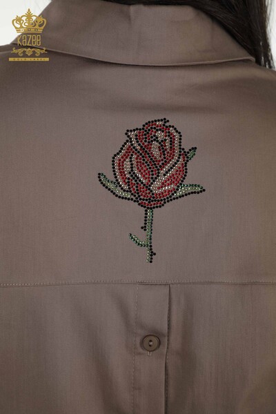 Женские рубашки оптом - Узор с розой - Коричневый - 20227 | КАZEE - Thumbnail