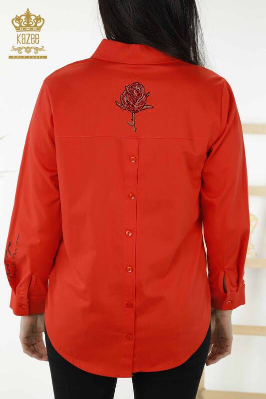 Женская рубашка оптом - Узор с розой - Оранжевый - 20227 | КАZEE