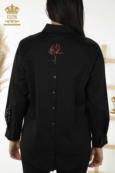 женская рубашка оптом - узор розы - черный - 20227 | КАZEE - Thumbnail