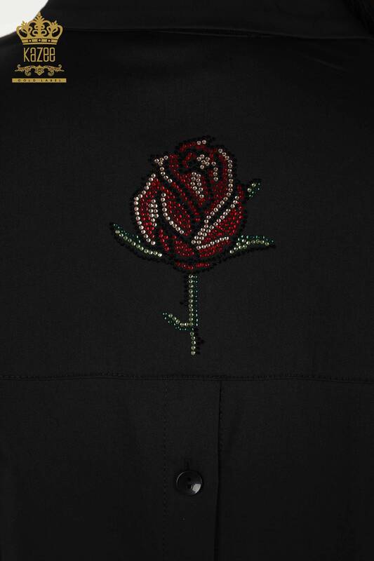 женская рубашка оптом - узор розы - черный - 20227 | КАZEE
