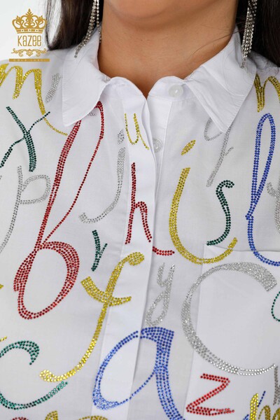женская рубашка оптом с буквенным узором белая - 20123 | КАZEE - Thumbnail