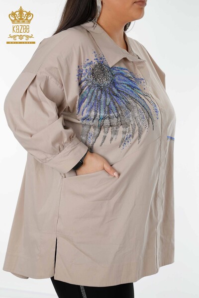 Рубашки женские оптом Бежевые с узорчатыми карманами - 20197 | КАZEE - Thumbnail