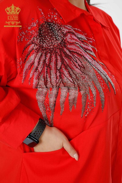 Рубашка женская оптом Коралловый с узором и карманом - 20197 | КАZEE - Thumbnail