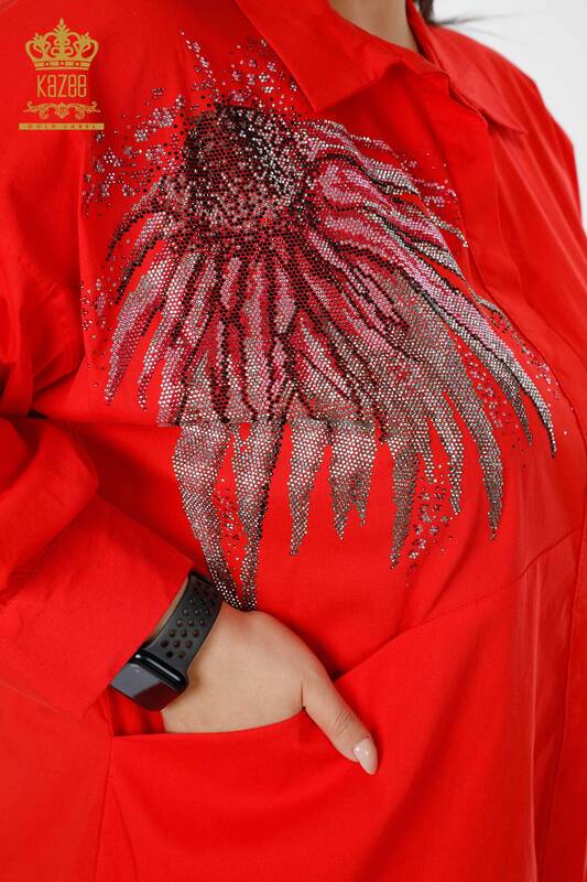Рубашка женская оптом Коралловый с узором и карманом - 20197 | КАZEE