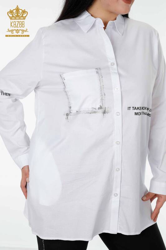 женская рубашка оптом белая с подробным текстом - 20087 | КАZEE