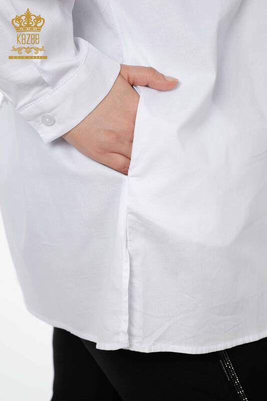 женская рубашка оптом белая с подробным текстом - 20087 | КАZEE