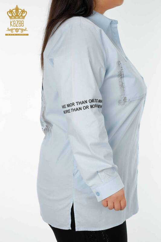 женская рубашка оптом синяя с подробным текстом - 20087 | КАZEE
