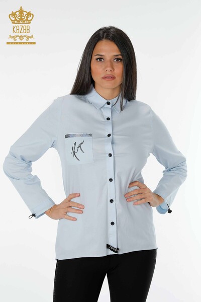 женская рубашка оптом синяя с подробным текстом - 20089 | КАZEE - Thumbnail