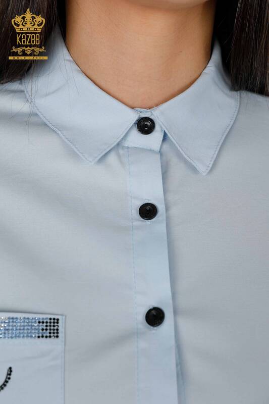 женская рубашка оптом синяя с подробным текстом - 20089 | КАZEE