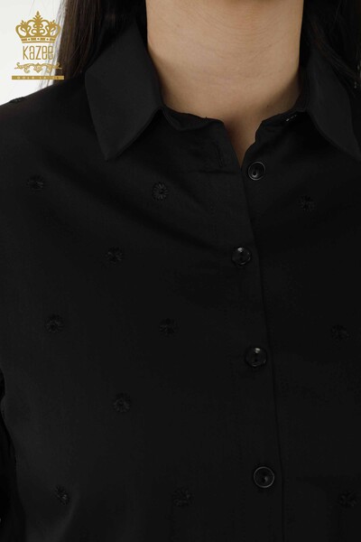 Женские рубашки оптом - Цветочная вышивка - Черный - 20254 | КАZEE - Thumbnail