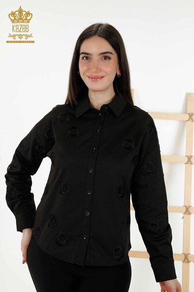 Женские рубашки оптом - Цветочная вышивка - Черный - 20394 | КАZEE - Thumbnail