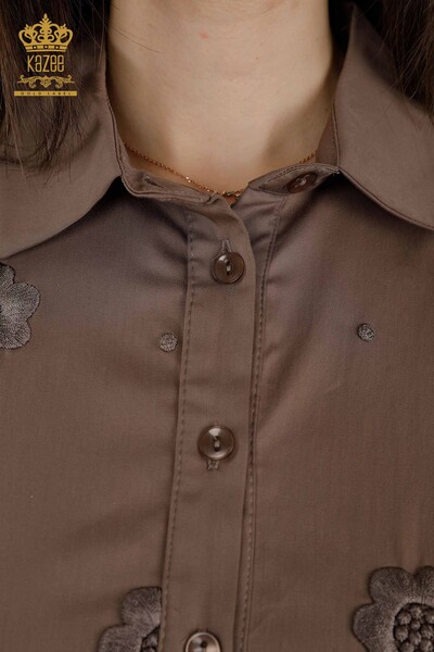 Женская рубашка - Оптовая - цветочная вышивка - коричневая - 20394 | КAZEE - Thumbnail