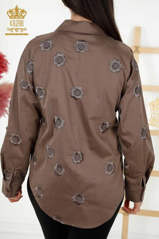 Женская рубашка - Оптовая - цветочная вышивка - коричневая - 20394 | КAZEE