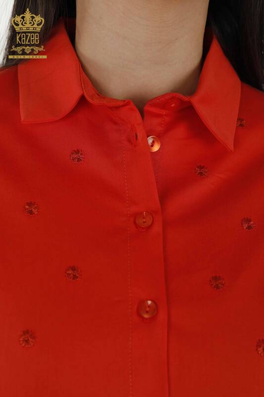 Женские рубашки оптом - Цветочная вышивка - Оранжевый - 20254 | КАZEE