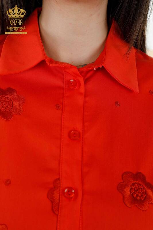 Женская рубашка оптом - цветочная вышивка - оранжевый - 20394 | КAZEE