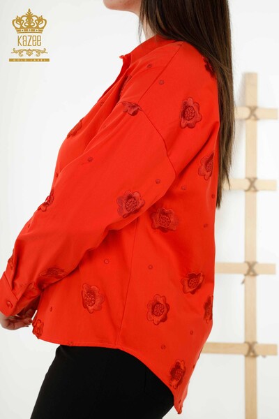 Женская рубашка оптом - цветочная вышивка - оранжевый - 20394 | КAZEE - Thumbnail