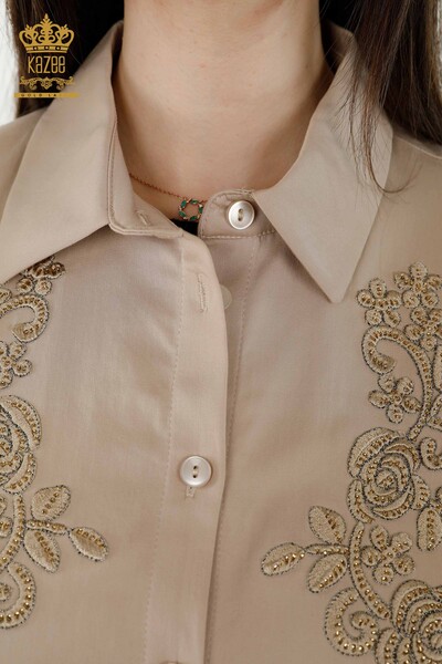 Женские рубашки оптом - Цветочный узор - Бежевый - 20249 | КАZEE - Thumbnail
