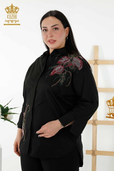 Женские рубашки оптом - цветочный узор - черный - 17053 | КАZEE - Thumbnail