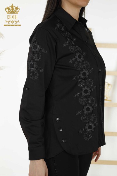 Женские рубашки оптом - цветочный узор - черный - 20246 | КАZEE - Thumbnail