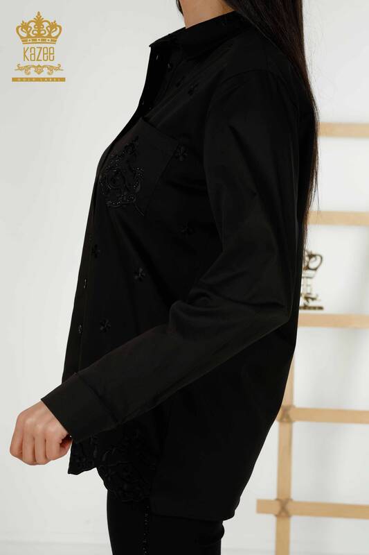 женская рубашка оптом - цветочный узор - карман - черный - 20412 | КАZEE