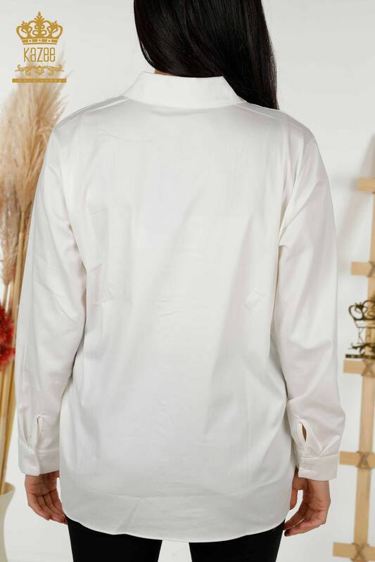 Женская рубашка оптом - Цветочный узор - Карман - Экрю - 20412 | КАZEE