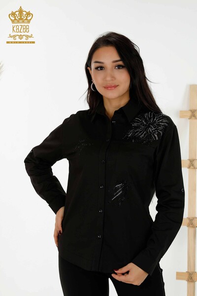 Женские рубашки оптом Цветы Вышитые камнем Черные - 20232 | КАZEE - Thumbnail