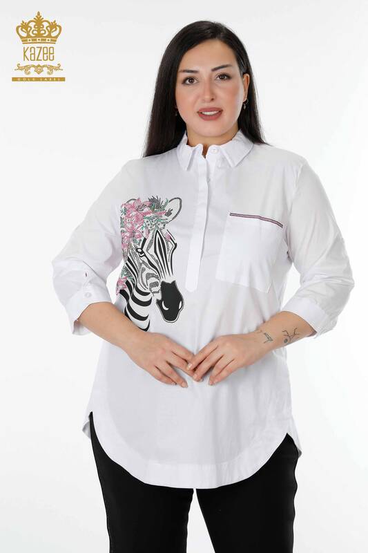 женская рубашка оптом зебра цветочный узор белый - 20126 | КАZEE