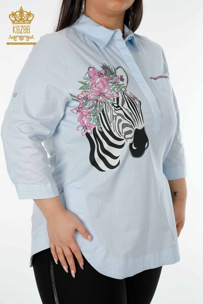женская рубашка оптом зебра с цветочным узором синяя - 20126 | КАZEE - Thumbnail