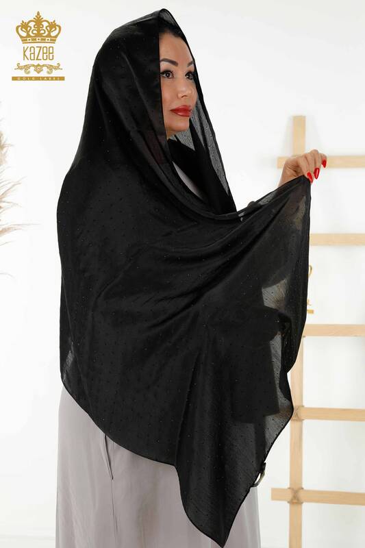 Женский платок оптом - Вышитый камнем - Черный - 551 | КАZEE