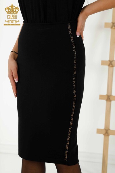 Kazee - Женская юбка оптом - в полоску вышитая камнем черная - 4245 | КАZEE (1)