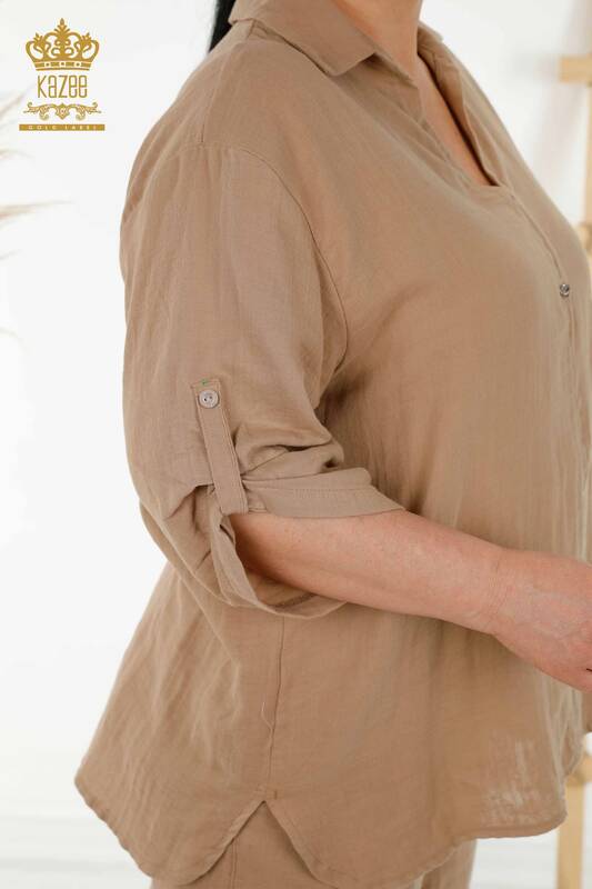Комплект женской летней рубашки оптом - с карманом - бежевый - 20402 | КАZEE