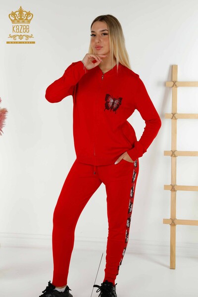 Оптовая продажа женского спортивного костюма красного цвета с узором бабочки - 16678 | КАZEE - Thumbnail