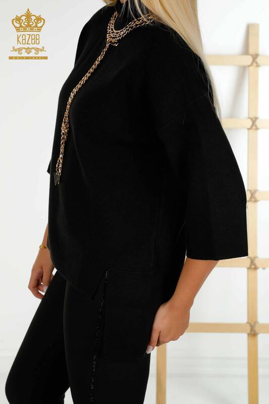 Оптовая продажа женского трикотажного свитера с цепочкой черного цвета - 30270 | КАZEE